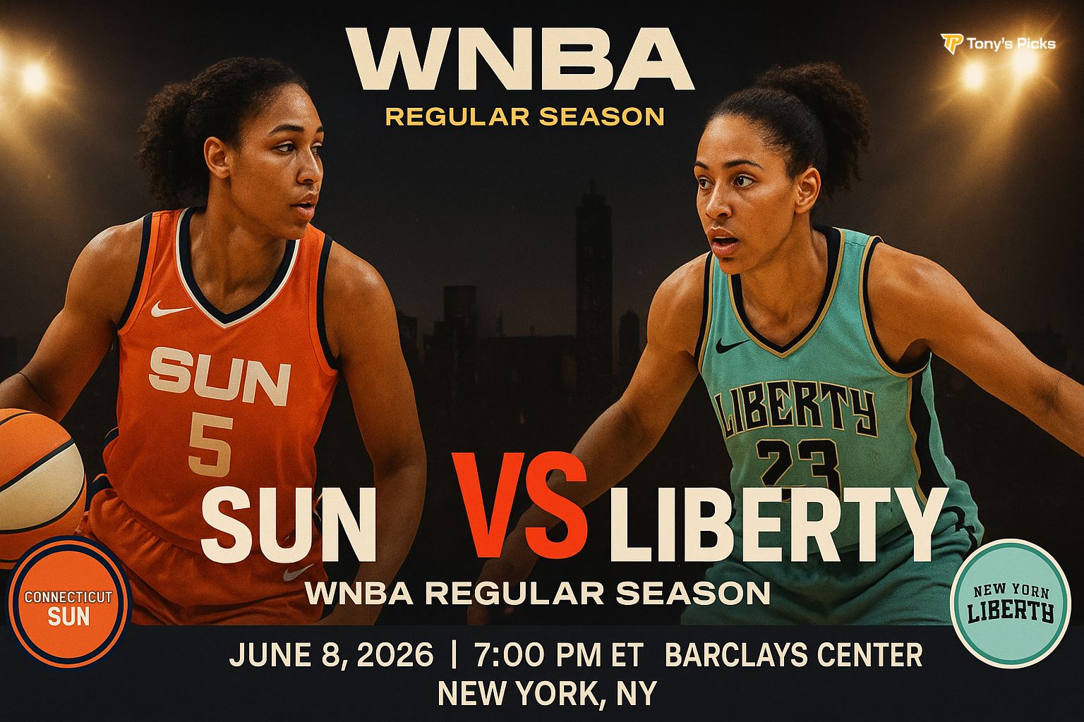 Sun vs Liberty WNBA June 8 2026 Barclays Center — Tony's Picks