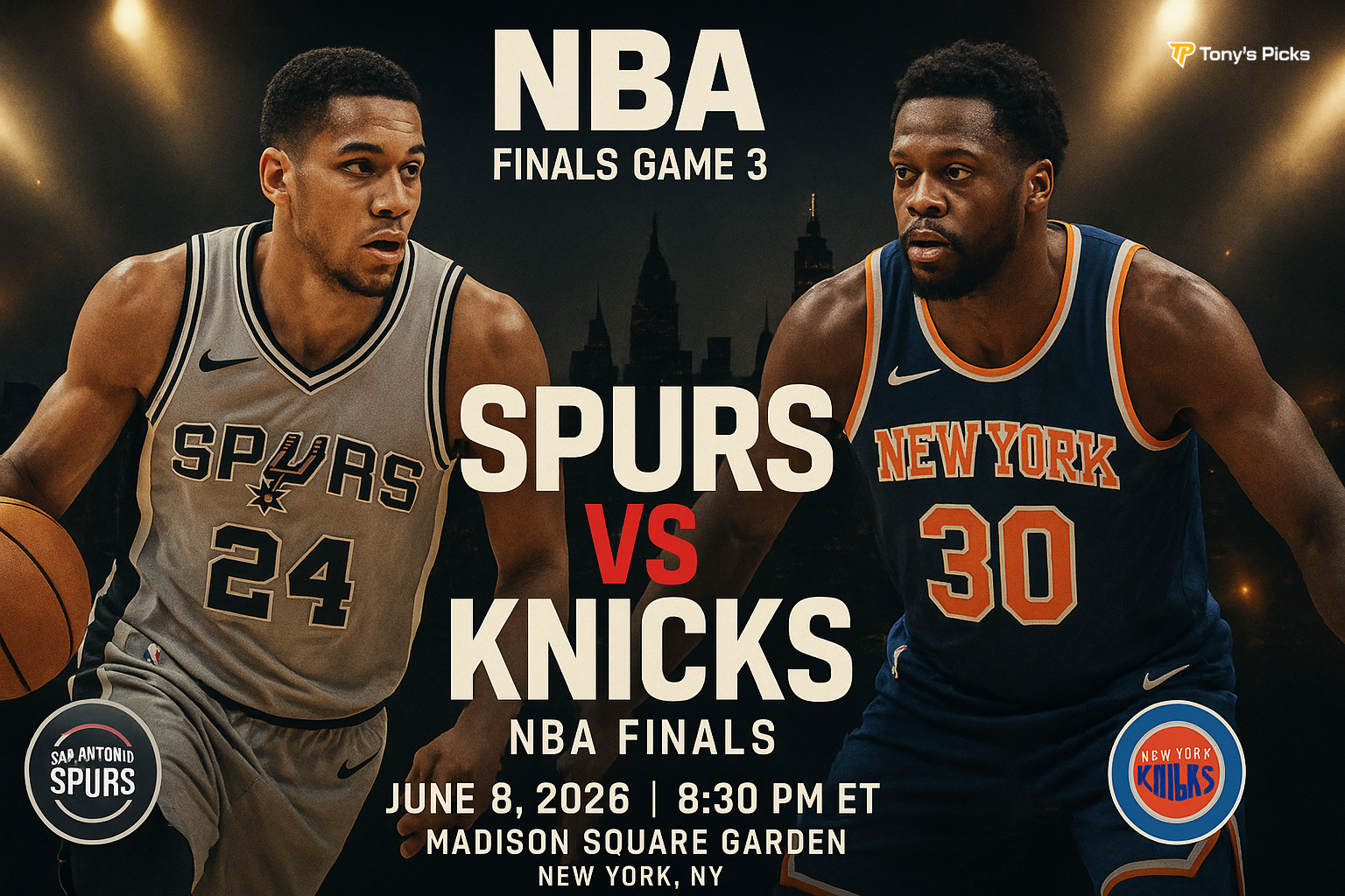 San Antonio Spurs vs New York Knicks NBA Finals Game 3 June 8 2026 Madison Square Garden — Tony's Picks